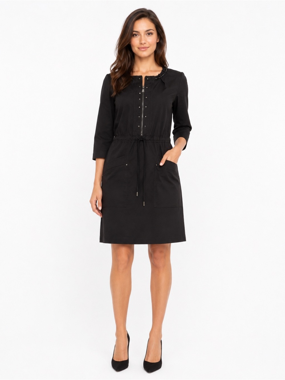 Elie Tahari Black Zip Front Utility Sheath Dress Drawstring Waist Size US 10 EUC